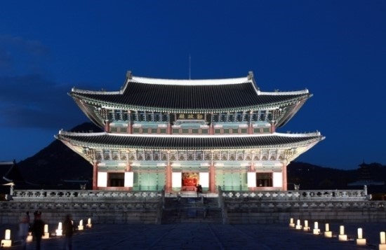 Gyeongbokgung Palace at night with lights in Seoul, South Korea